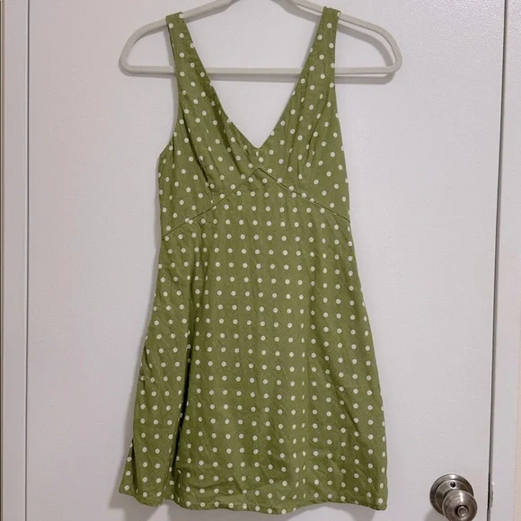 Polka Dot V Neck Linen Blend Mini Dress - Picture 5 of 7